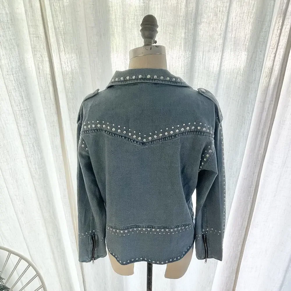 Cezele Studded Womens Denim Moto Jacket Large w/Tags Blue Western NWT - Picture 6 of 10